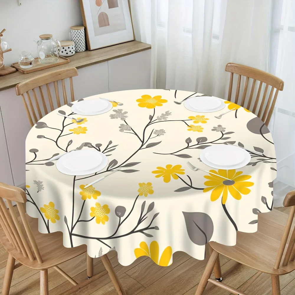 1-Pack, yellow-gray floral round tablecloth, suitable for tabletop decoration, especially for afternoon tea and dinner time