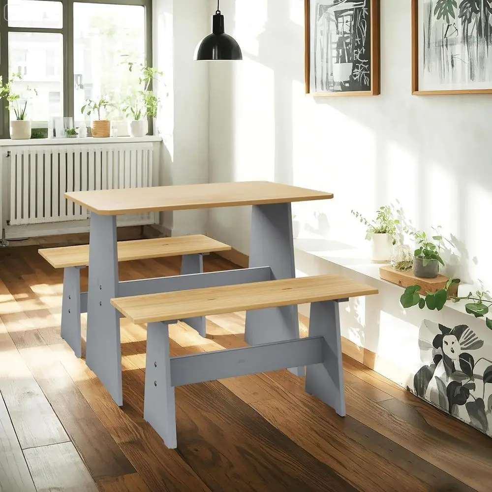 

Dining Table Set with 2 Benches for 4 Persons - Space Saving 3 Piece Kitchen Table Set for Small Spaces, Apartment, Café(Grey)