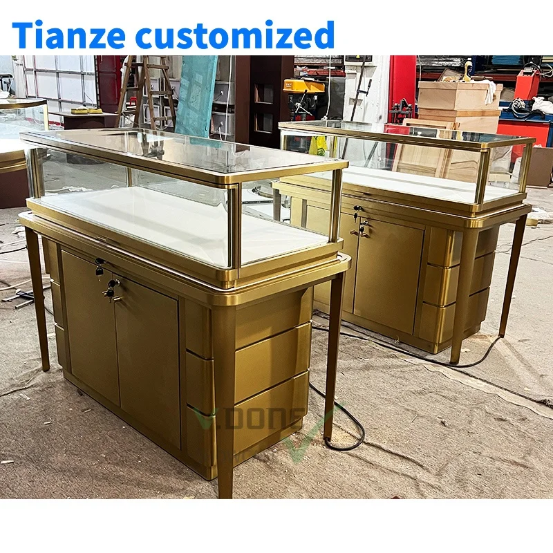 

[Customized]modern jewelry shop golden stainless steel Jewellery counter display cabinet jewelry store decoration furniture cust