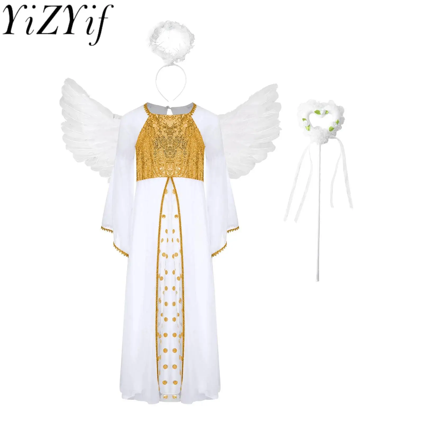 

Halloween Renaissance Angel Princess Cosplay Gown Elastic Band Long Dress Feather Headband And Fairy Sticks Feather Angel Wings
