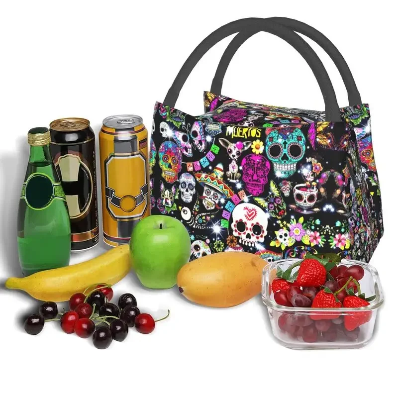 Horror Mexican Day Of The Dead Sugar Skull Insulated Lunch Bag for Halloween Thermal Cooler Lunch Box Beach Camping Travel