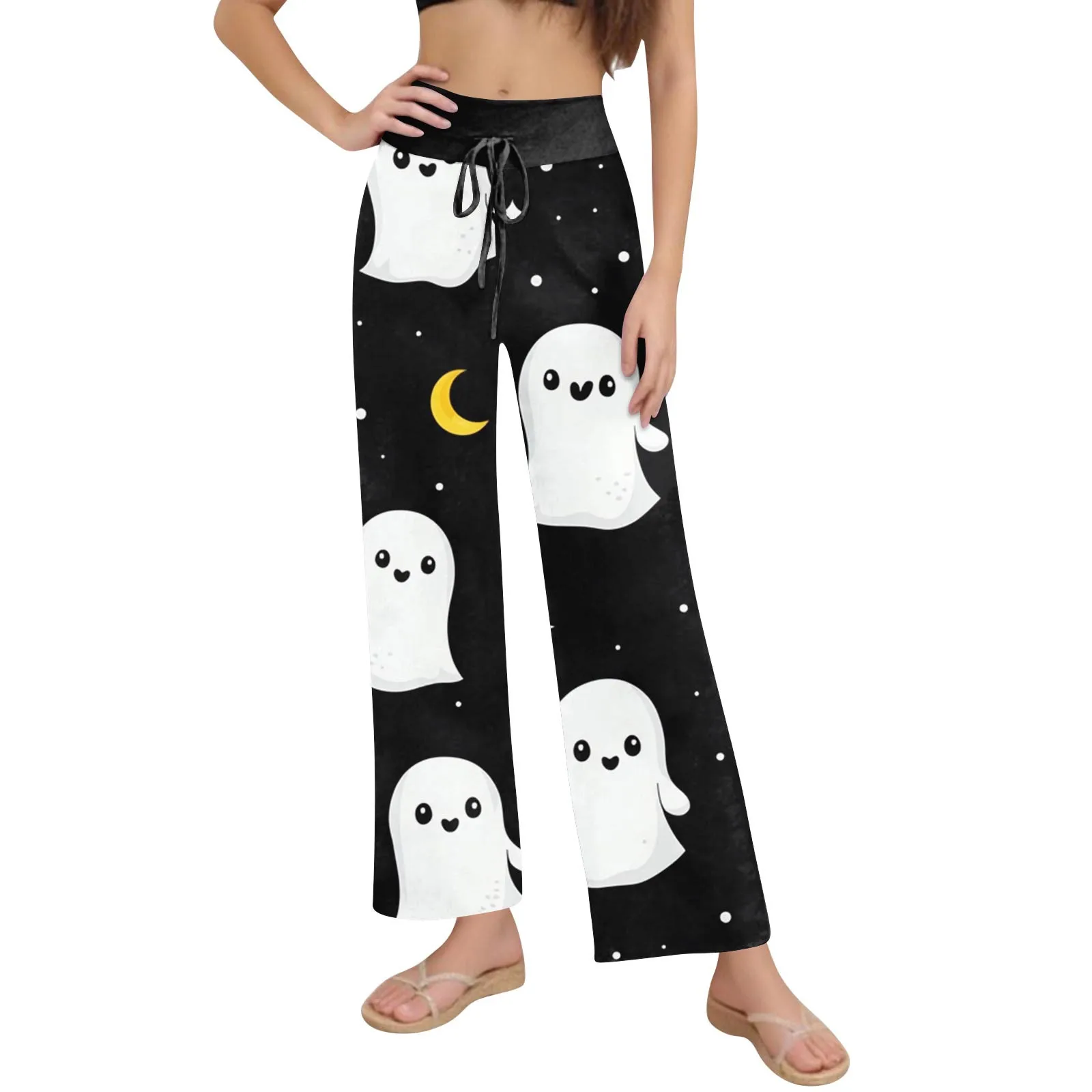 Women'S Comfortable Sleep Pants Halloween Print Drawstring Wide Leg Pants Y2k Cargo Pants Women Pantalones De Mujer Korean Fashi