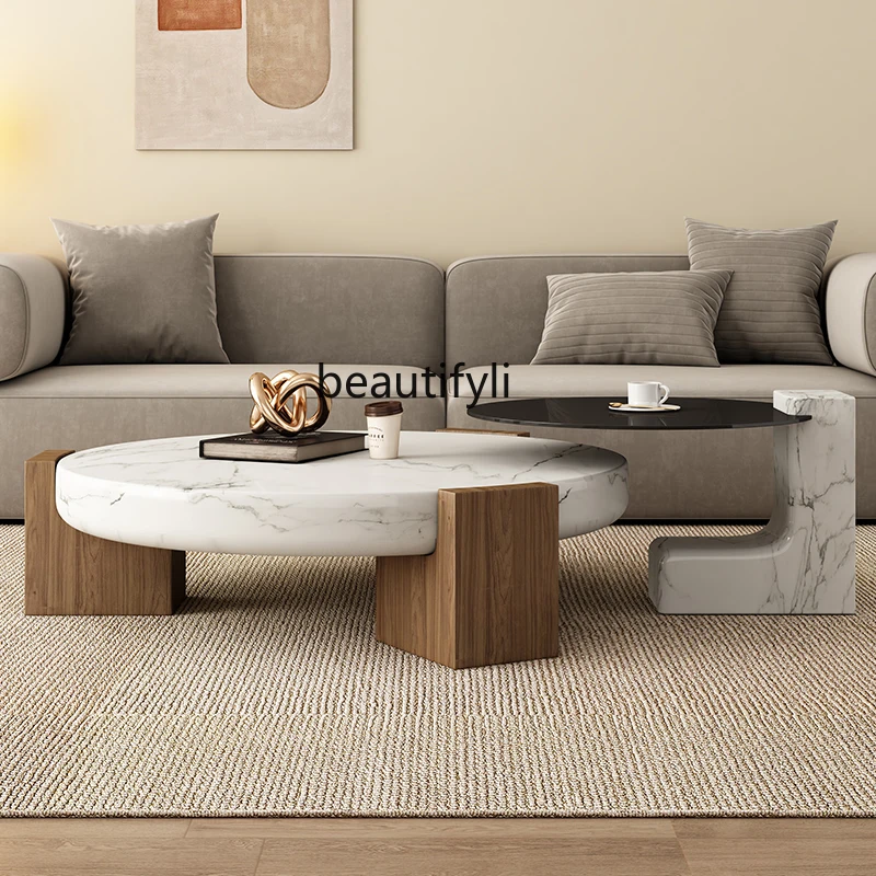 Nordic round Marble Solid Wood Tea Table Living Room Home French Simplicity Low Table