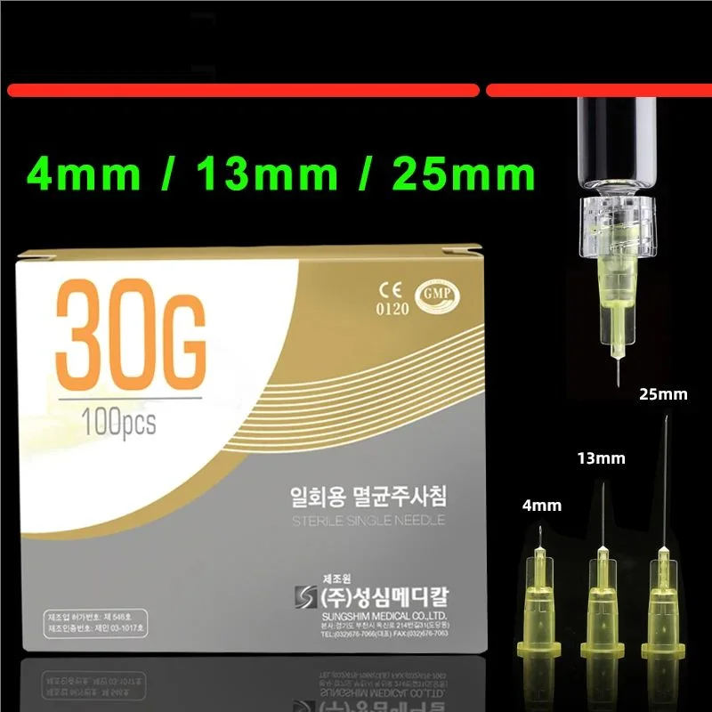 일회용 무통 작은 바늘, 의료용 마이크로 플라스틱 주입, 화장품 멸균 바늘 수술, 30G * 13mm, 4mm, 25mm, 100 개