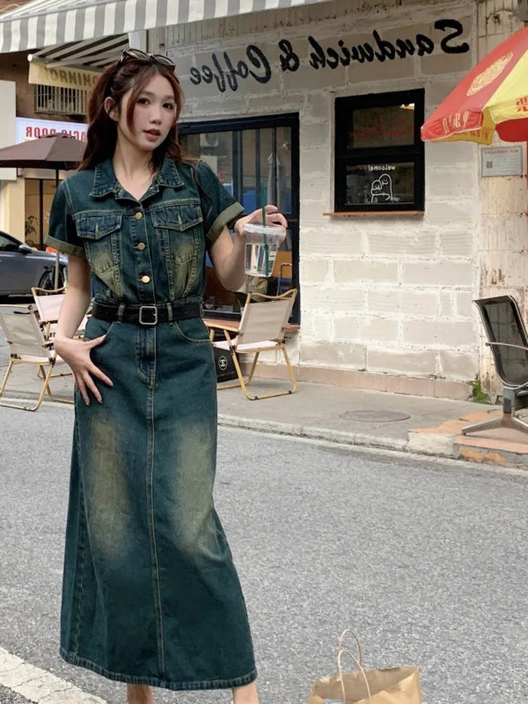 Blue Denim Shirt Dress Women's Summer 2026 Casual Style Short Sleeve Waist-Cinching Skirt Loose Fit A-Line Silhouette