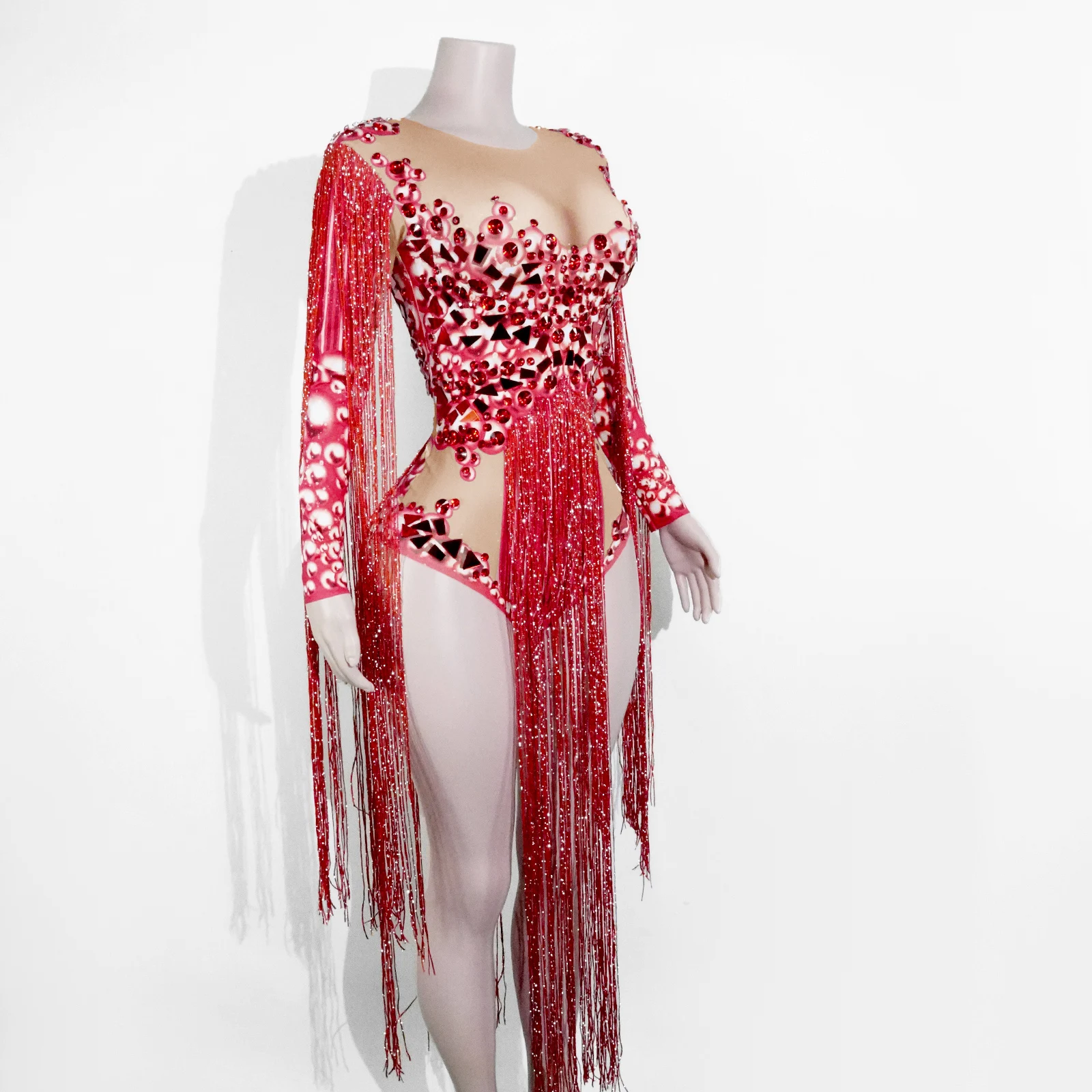 Błyszczący Czerwony Kombinezon z Frędzlami z Cyrkonii, Strój do Tańca z Efektem Lustra, Kostiumy dla Showgirl, Strój Drag Queen, Strój Gogo na Występy, Kostium na Scenę do Klubu Nocnego