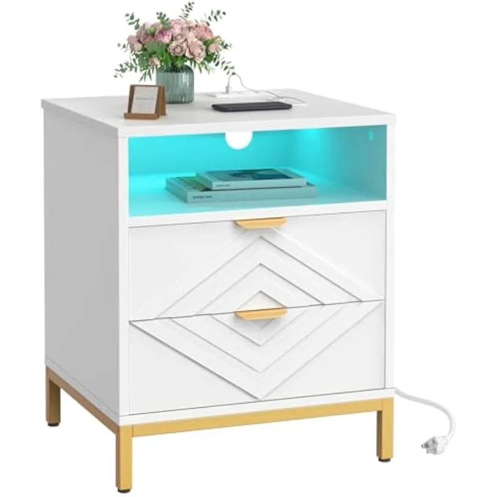 

Nightstand, Modern Side Table, End Table with Charging Station and LED Lights, Bedside with 2 Drawers, USB Ports and Outlets