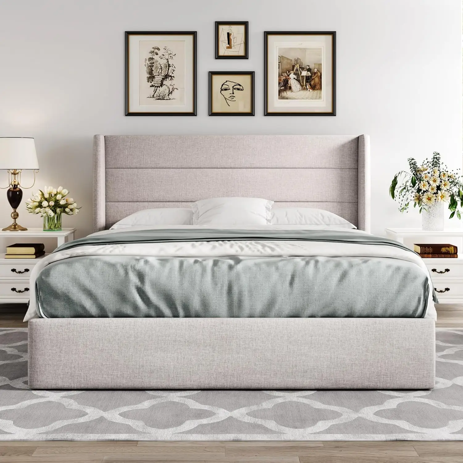 Letto di stoccaggio sollevabile a grandezza naturale, testiera moderna con apertura alare, nessuna molla della scatola necessaria, stoccaggio idraulico, Beige chiaro