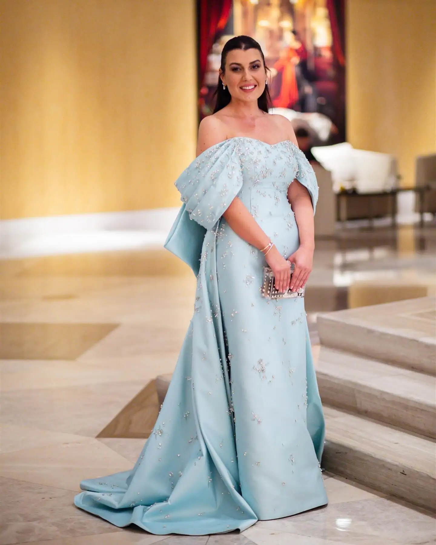 2254 New Sky Blue off The Shoulder Satin with Trian vestidos de noche vestidos de galaevening dresses فستان العيد image 2
