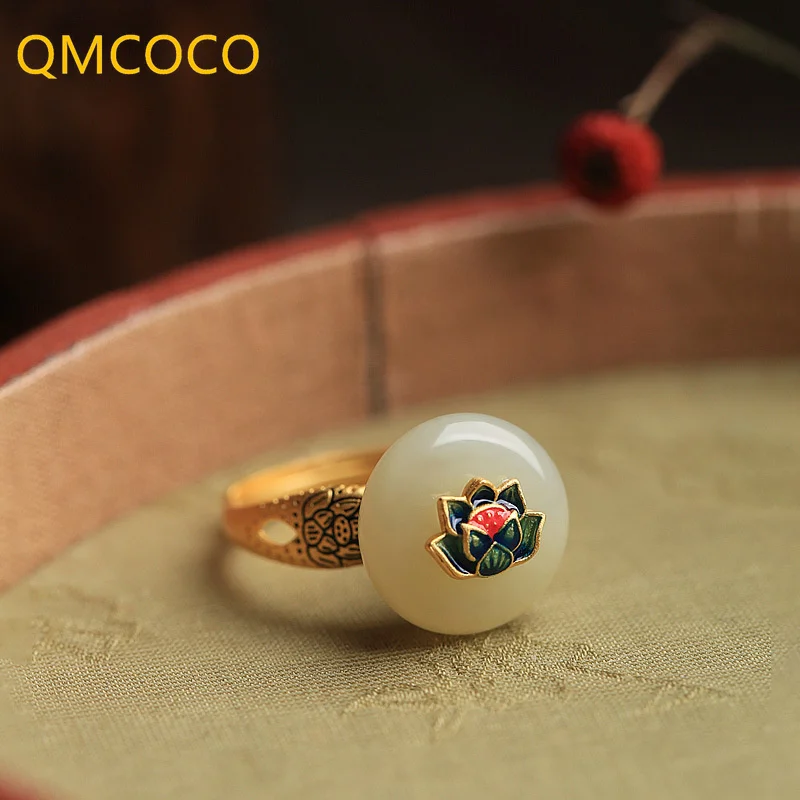 QMCOCO Silver Color Round Stone Chinese Style Lotus Geometric Adjustable Ring Woman 2022 New Style Ethnic Exquisite Accessories