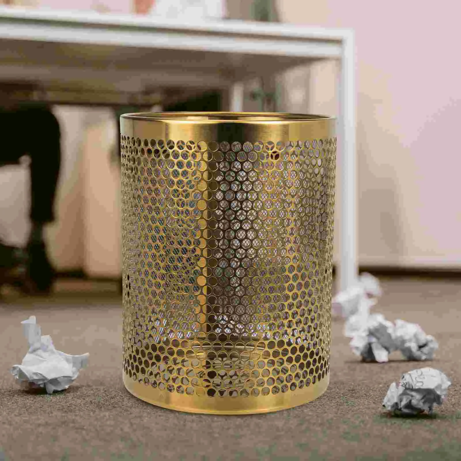 Golden Trash Can Kitchen Garbage Holder Hollow Out Waste Basket Rack Bin Stainless Steel Hotel Storage Bucket Home Office