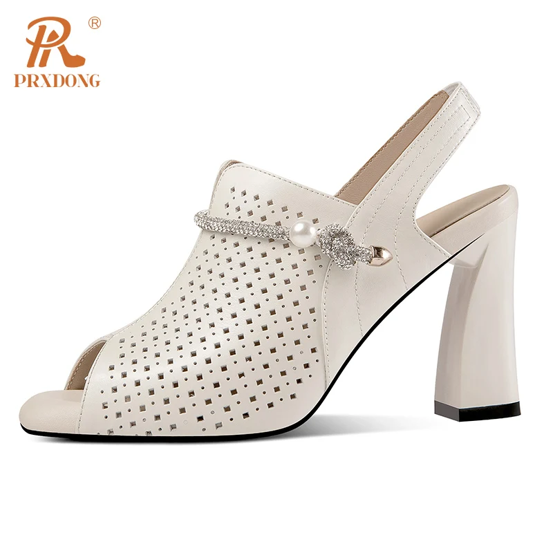 PRXDONG Fashion 2023 New Brand Summer Genuine Leather Shoes Woman Sandals High Heels Peep Toe Black Beige Dress Office Lady 39