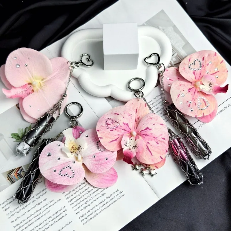 Simulation Flower Lipsticks Keychain Metal Net Pocket Lipstick Protective Portable Makeup Lip Balm Key Chain Orchid Bag Pendant