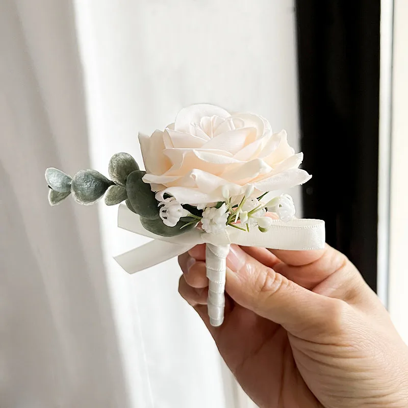 Корсаж для бойфренда Бутоньерка Свадебные аксессуары Брак Синяя петля для гостей Брошь Цветы Шелковая роза Корсаж для жениха