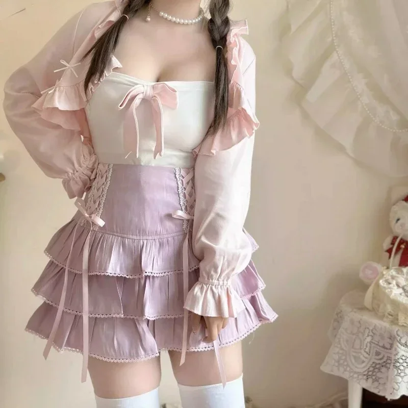 2024 Japanse Stijl Kawaii Lolita Geplooide Rokken School Koreaanse Vrouwen 90S Hoge Taille Roze Bandage Fee Y Y 2K Esthetische Rok