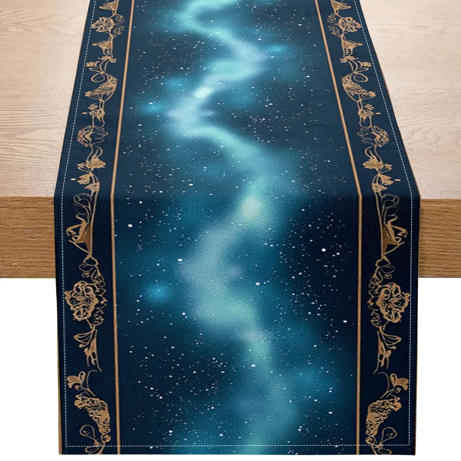 1Pc Starry Sky Theme Table Runner with Starlight, Forest, Aurora Patterns, Suitable for Fantasy Party, Home Decor, Photography Backdrop Scene.