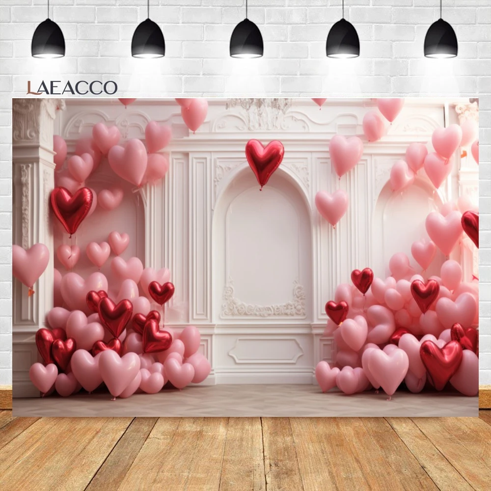 Laeacco White Window View Backdrop Romantic Living Room Pink Flower Love Hearts Valentine's Day Portrait Photography Background