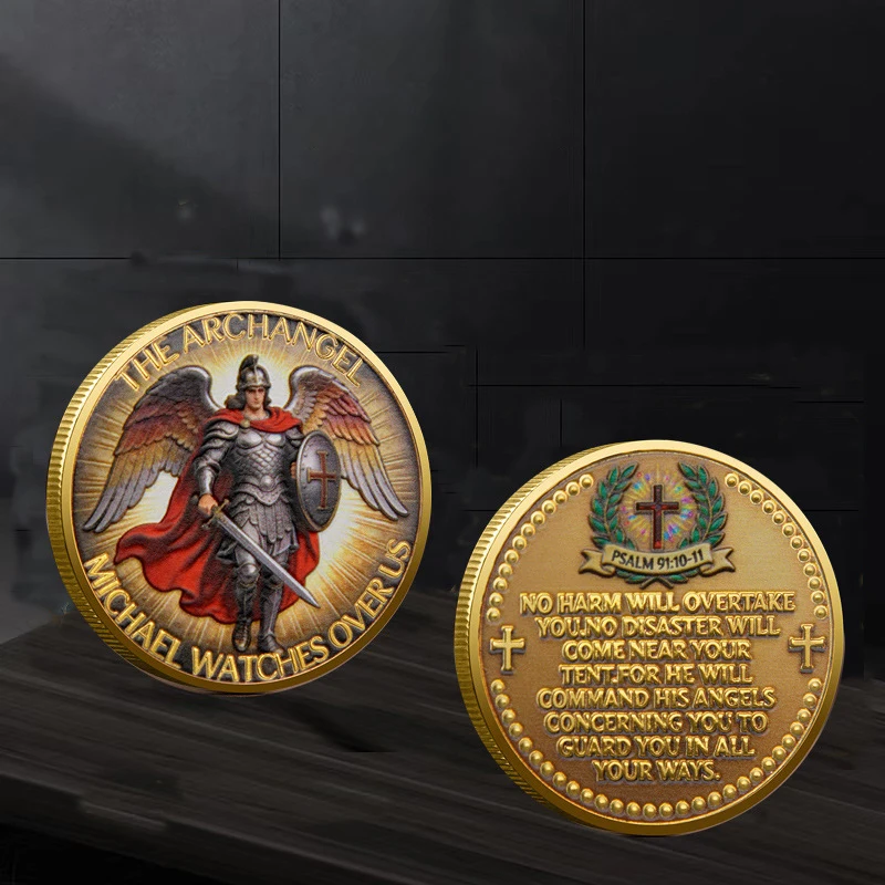 Archangel Michael Challenge Coin Gold Plated Protection Prayer Commemorative Coin Christian Religious Souvenir Collectible Gift