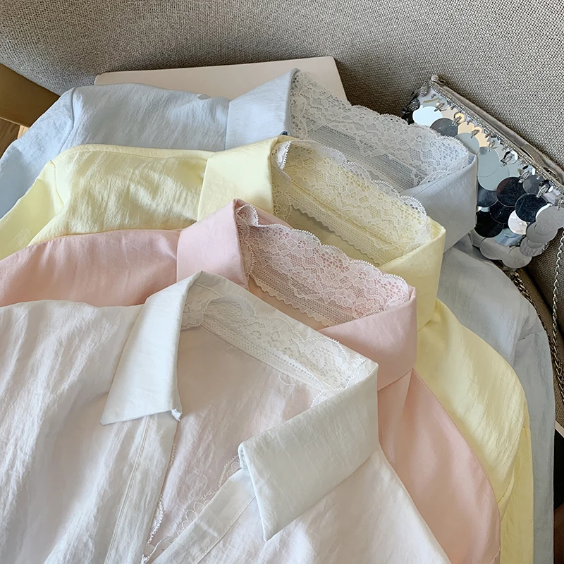 

Unique Lace V-Ne Tie-Detail ort Sve irt Women Summer Loose White Top for Petite Sizes Pear And Straight Body pes