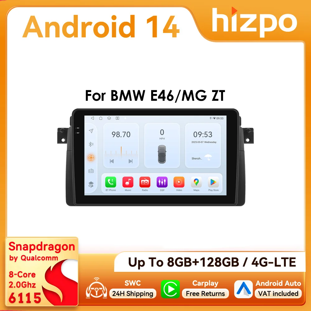 Radio samochodowe Hizpo 9 cali z CarPlay i Android Auto do BMW serii 3 E46 M3 318 320 325 330 335 1998 - 2005 BT 4G RDS DSP GPS Navi 360 ° CAM