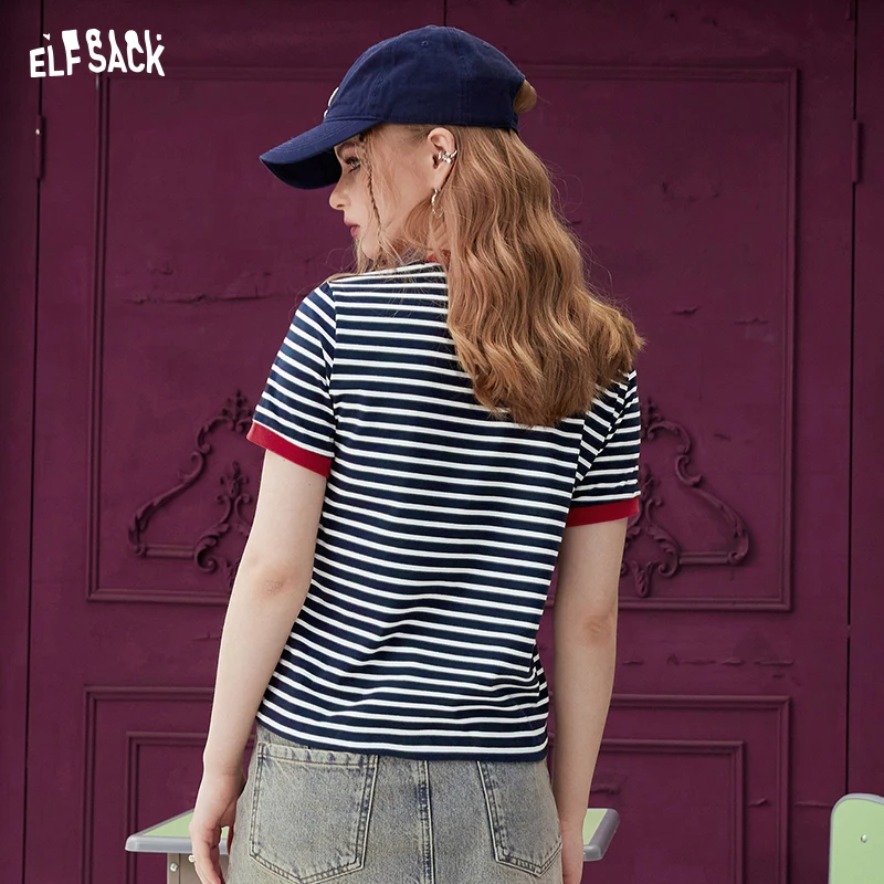 ELFSACK Striped contrasting short sleeved t-shirt for women\'s 2024 spring new college style chic small top