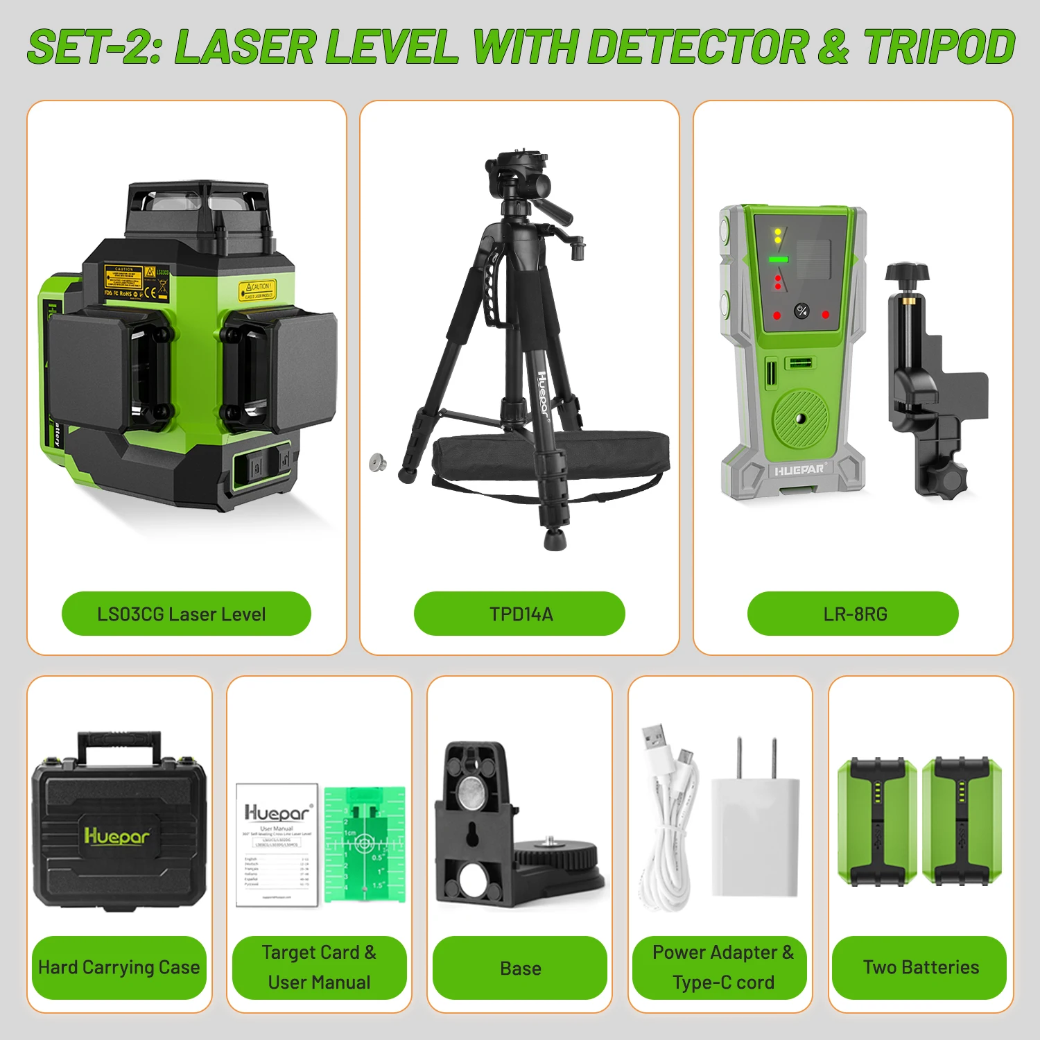 Huepar Ls03cg 3d Cross Line Laser Level Set 2 Stuks Lithium Batterijen 12 Lijnen Osram Zelfnivellerende Laser Tool Met Ontvanger Statief
