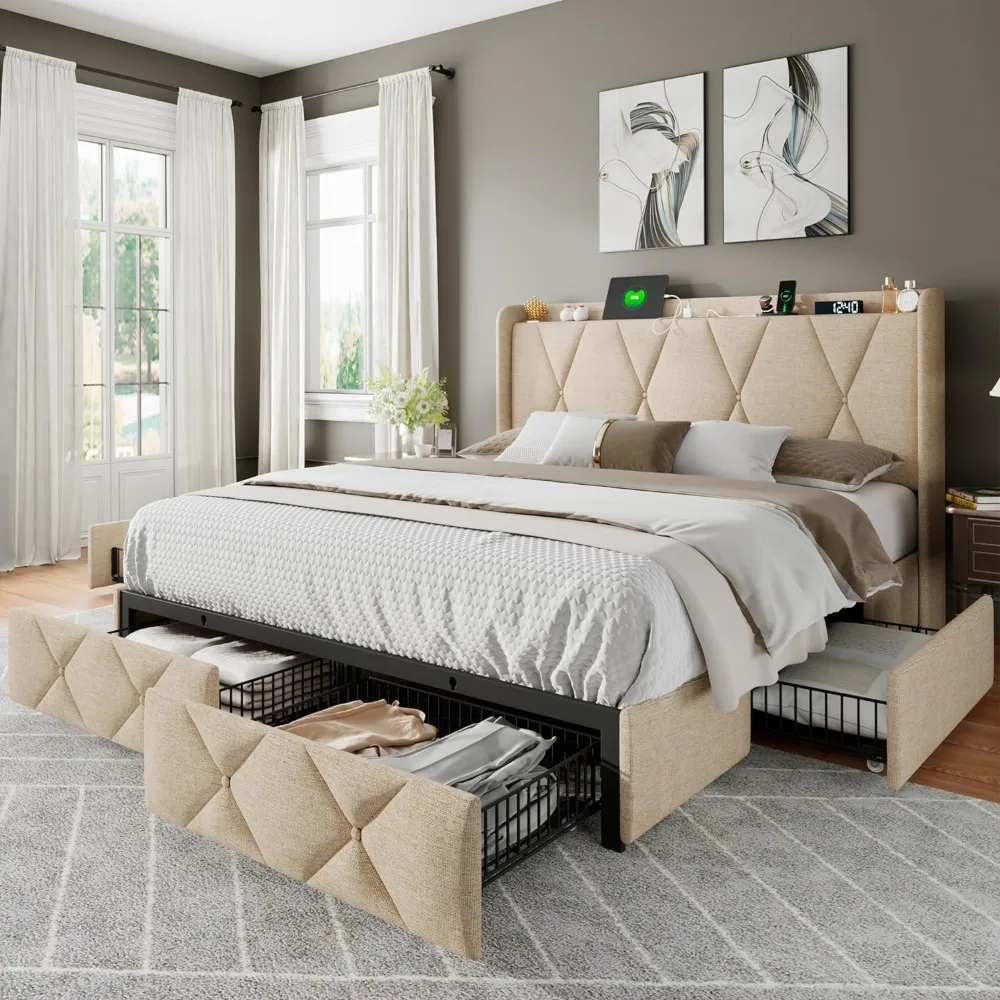 

Queen Bed Frame with 4 Storage Drawers, Upholstered Button Tufted 4" Storage Headboard with Fast Charging Station