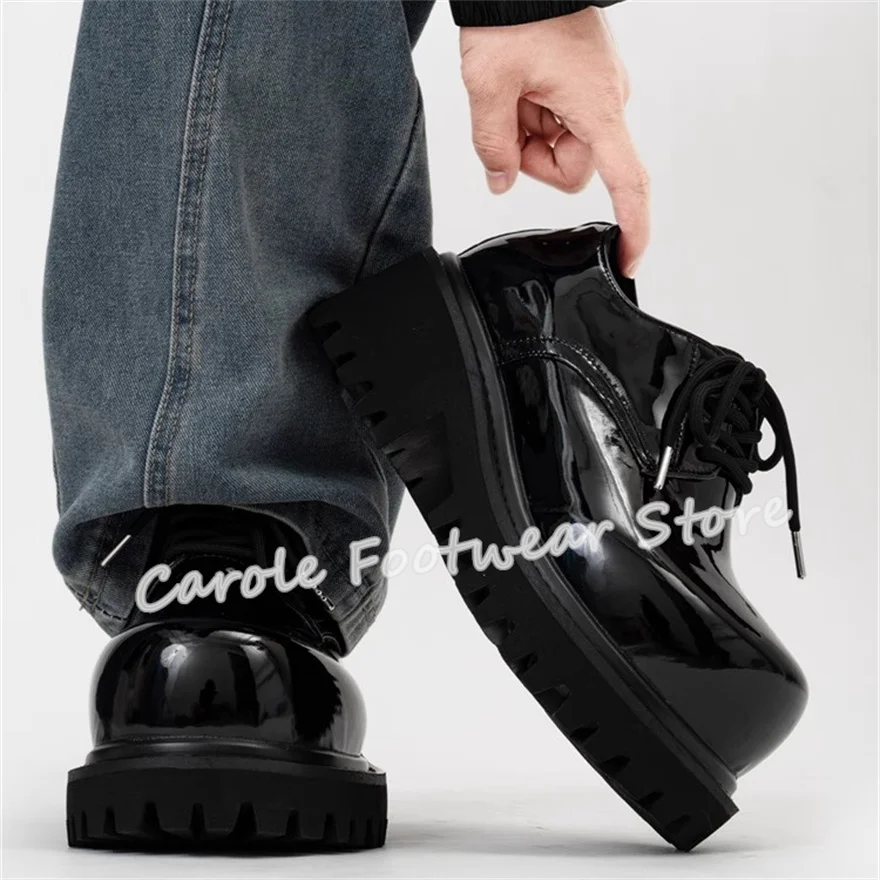 ファッションミックスカラーレザービッグヘッドダービーシューズ男性用 10 センチメートルチャンキーヒール高さ増加レースアップオックスフォード男性カジュアルローファー