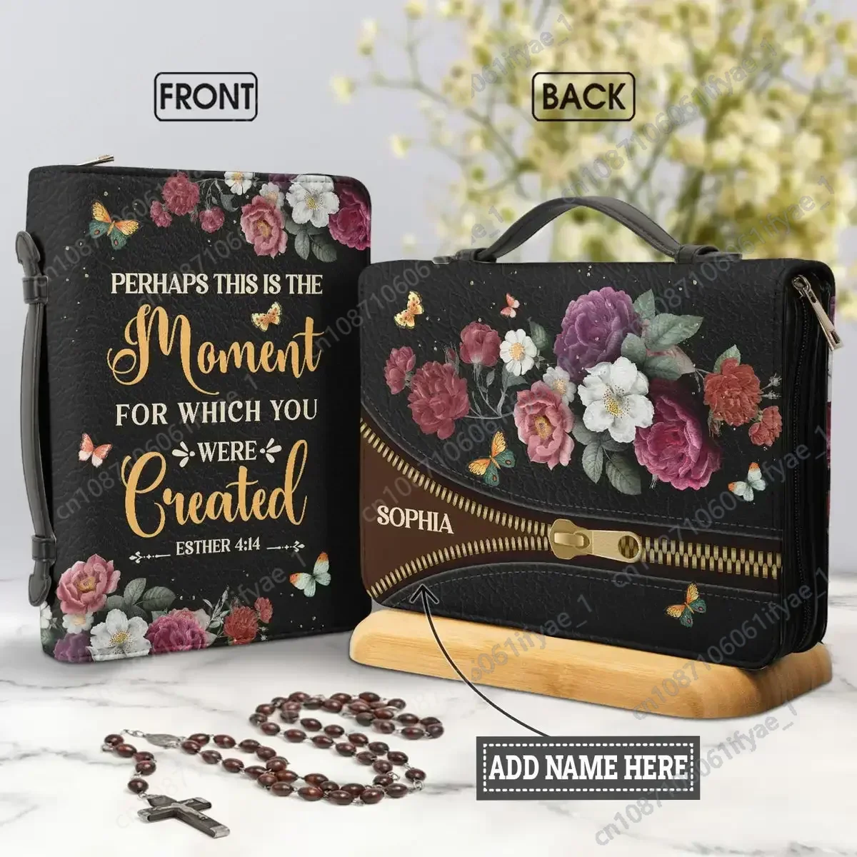 

Women's Personalized Bible Cover Case Bible Verse Floral Print Bible Storage Bags PU Leather Handbag for Ladies Study Book Boxes