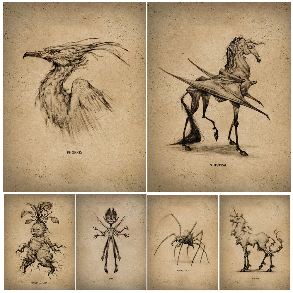 

Winged Horse And Mandrake Death Omen Magical Creature Illustrated Art Print Four Legged Fairy & Phoenix Poster Print Decoration