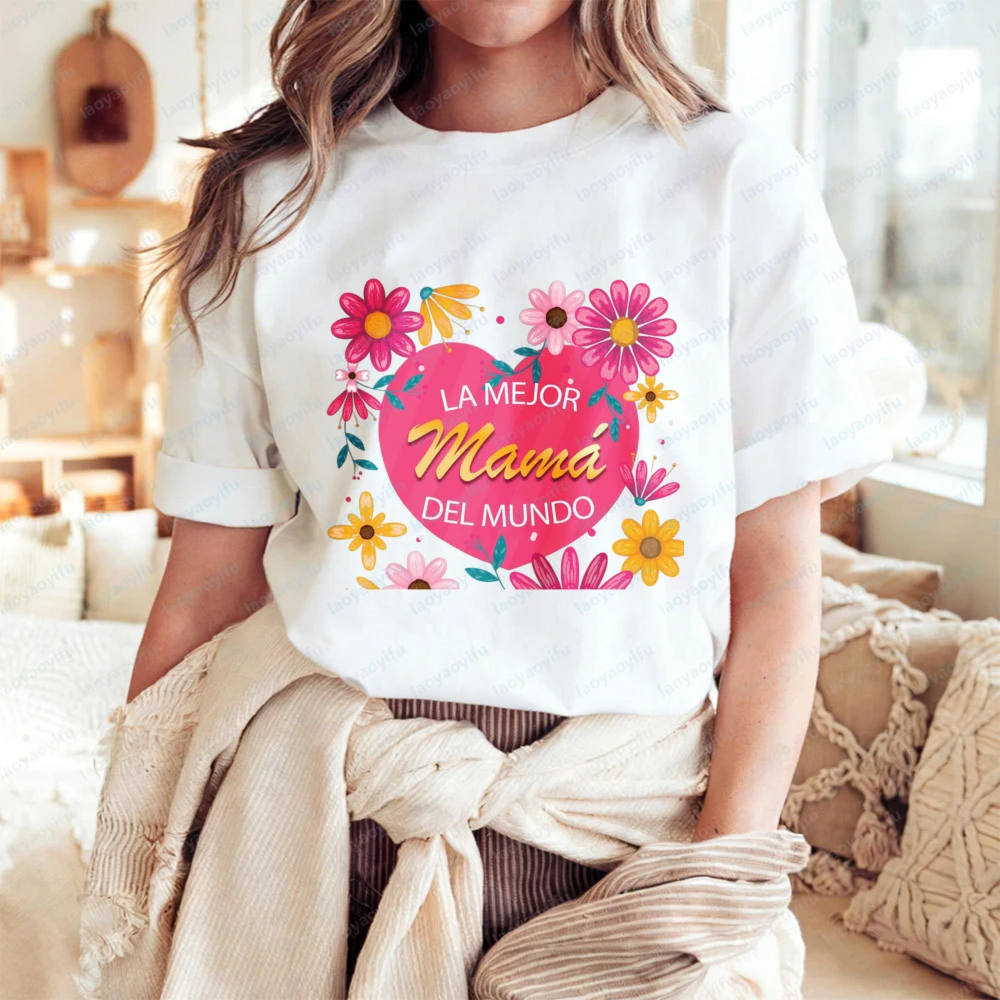 Vibrant Latina Mom Cotton Tee Bold Heart Flower La Mejor Mamá Del Mundo Graphic T-Shirt for Women Hot Sale Mother's Day Gift