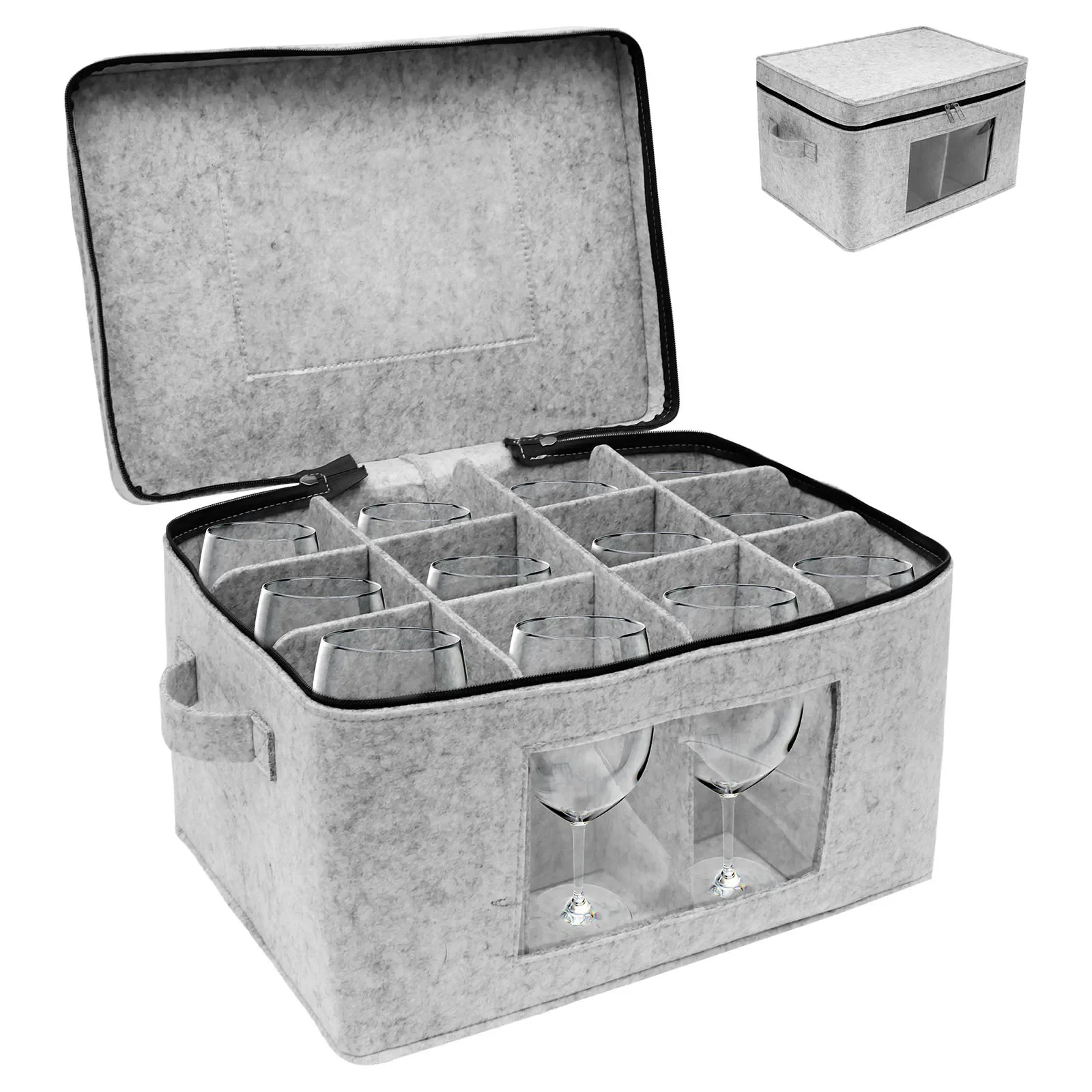 Wine Glass Storage Organizer Stackable Felt Stemware Container with 12 Removable Divider Foldable For Travel Wine Bottle Bag