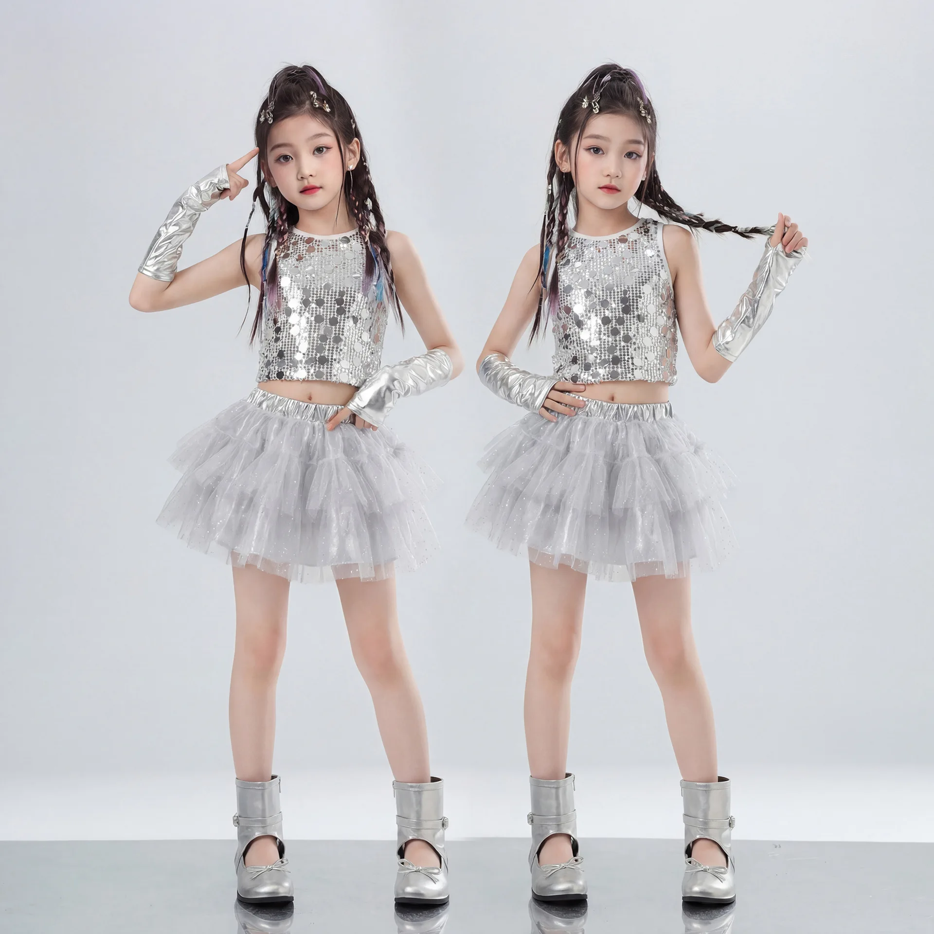 Girls Kpop Hip Hop Dance Set Silver Sequin Crop Tank Top Dance Skirt Kids Shiny Jazz Streetwear Stage Performance Costume