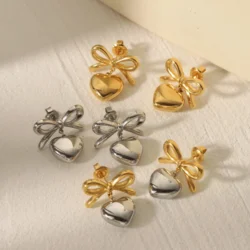 Fastion Heart Bow Silver Color Matching Earrings Party Stainless Steel Waterproof Fashion Jewelry for Women Valentine's Day Gift