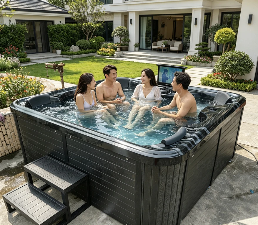 6 Person Pool Spa Outdoor Hydrotherapy Pool Black Color with Smart TV Wifi Villa Yard Placement Hydromassage Soaking Hot Tube