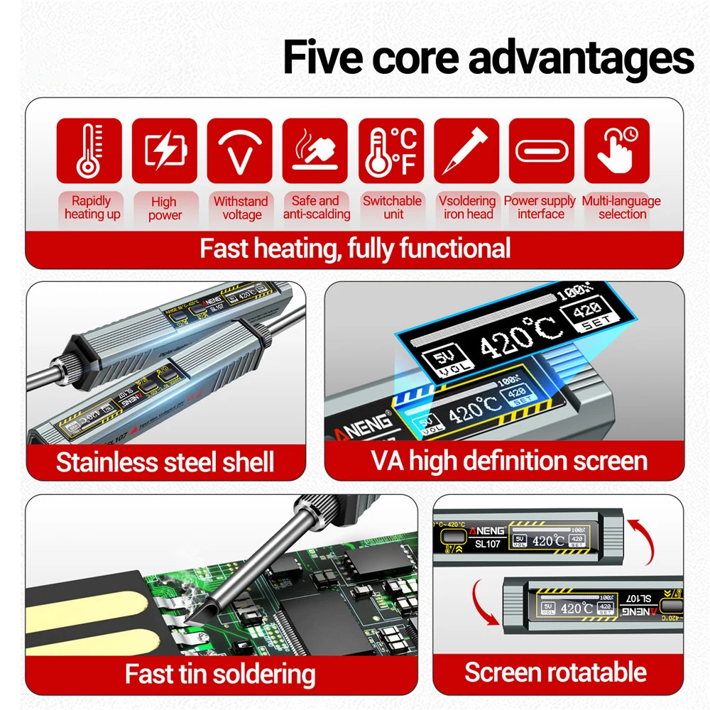 SL107 Adjustable Temperature Soldering Iron 24V/12V/9V/5V 80-420℃ Welding Solder Rework Station PD QC 65W Portable Repair Tools