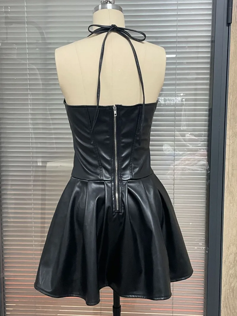 Minivestido plisado de encaje calado para mujer, vestido Sexy de cuero PU sin tirantes con cuello Halter y espalda descubierta con cremallera, ropa de noche ajustada para discoteca, Vestidos de fiesta
