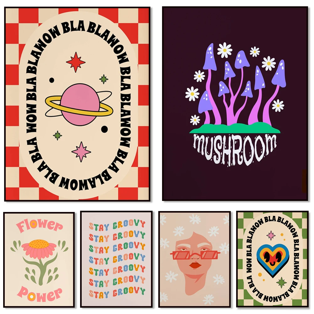 

Retro Stay Groovy print, mushroom rainbow and sun, cute and funny retro floral cartoon, retro 70s hippie style aesthetic poster