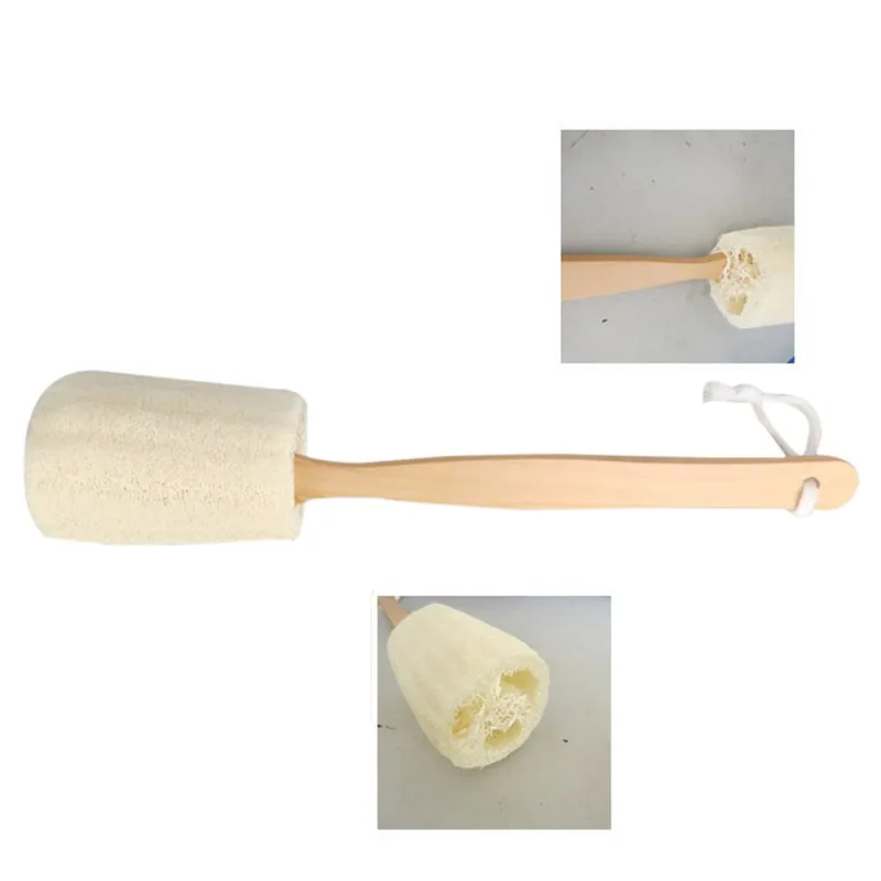 Exfoliating Shower Brush Natural Loofah Back Sponge Scrubber Brush with Long Wooden Handle Stick Holder Body Shower Bath Tools