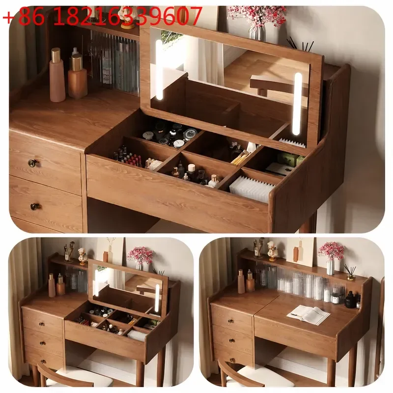 YAOModern Simple Walnut Dresser with LED Light Hidden Mirror Large Capacity Drawer Makeup Table