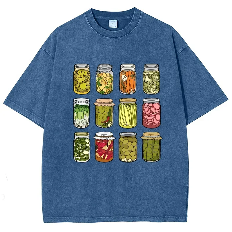 الكرتون المعلبة المخلل طباعة المرأة تي شيرت غسلها القطن خمر طاقم الرقبة قصيرة الأكمام عارضة الأزياء تصميم أعلى الأساسية المحملات #1