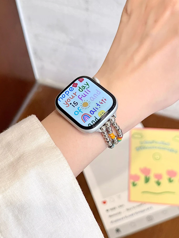 Милый Радужный ремешок для Apple Watch Ultra 10 9 8 7 6 5 4 Металлический женский браслет-ремешок для iWatch 38 мм 40 мм 41 мм 42 мм 45 мм 46 мм 49 мм