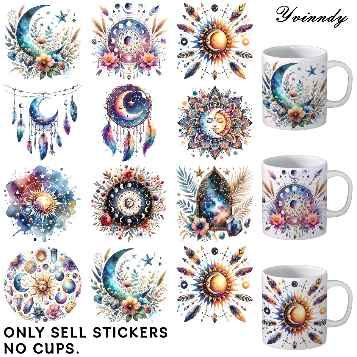 

Листы для переноса УФ-излучения DTF, обертывания для чашек Mark, 12-компонентные богемные узоры Dreaming Moon, случайный дизайн, УФ-переносная бумага DTF