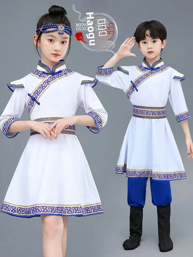 

Детский монгольский этнический костюм: одежда для монгольских танцев для девочек, белая одежда для мальчиков в стиле степной этникики