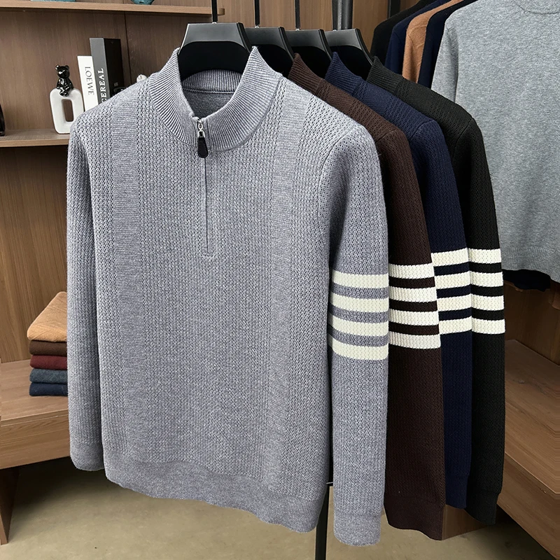 Hochwertiger Herrenpullover Herbst Winter Neuer Reißverschluss Stehkragen Modemarke Klassisches Streifenmuster Koreanischer Casual Jacquard Strickpullover – Detail 3