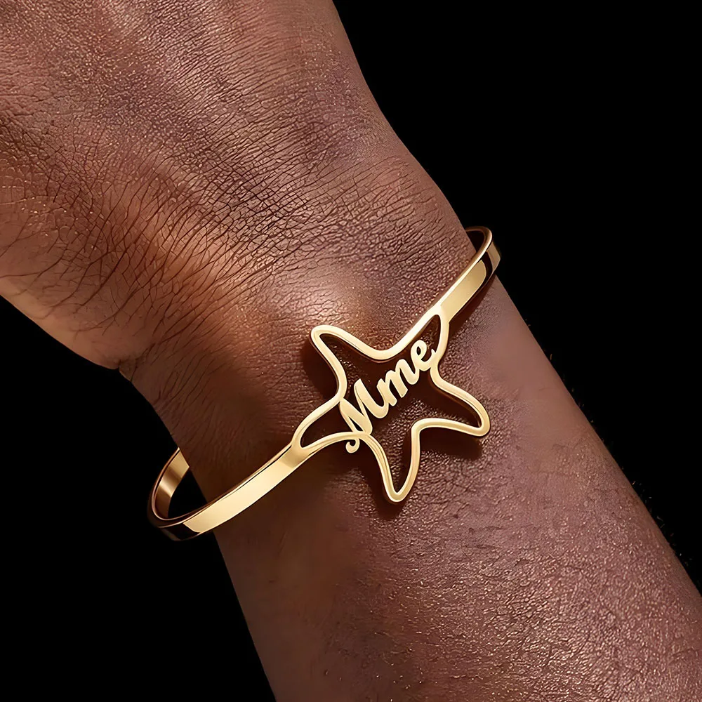 Custom Hollow Star Name Open Cuff Bracelet Personalized Cursive Script Text Bangle 18K Gold Plated Stainless Steel for Women