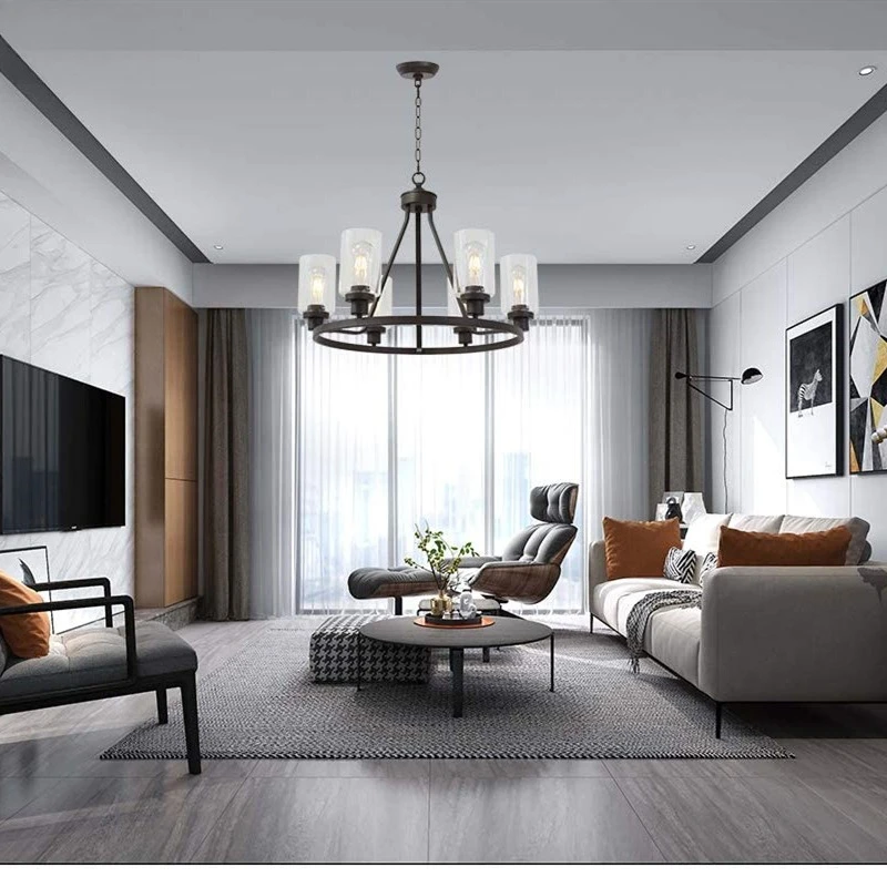 Retro Industrial Style Circle Wrought Iron Glass Pendant Light American Decorative Lighting Light Luxury Pendant Light