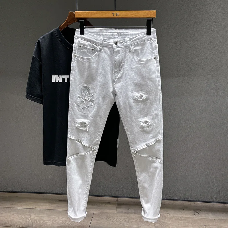 White jeans men\'s ripped fashion design street casual Pu handsome stretch slim stretch casual feet trousers