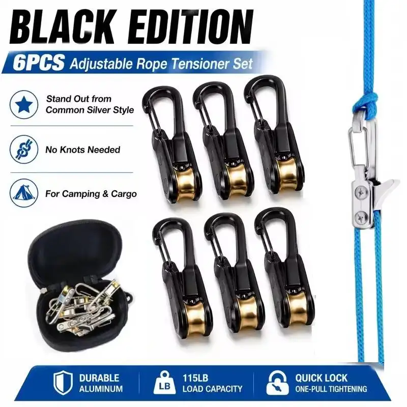 2/6/12pcs Rope Fasteners & Tensioner with Storage Bag Heavy‑Duty Retractable Buckle Fits 4‑6mm Diameter Rope for Outdoor Camping