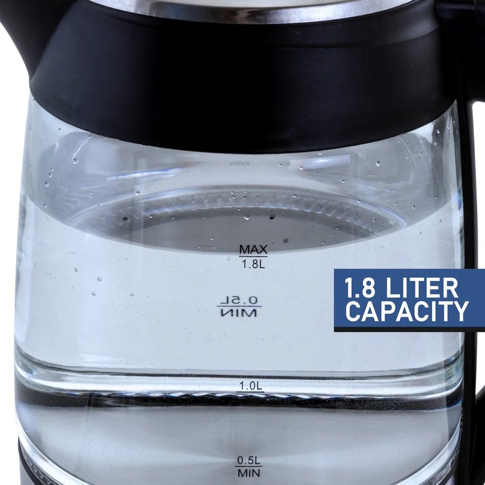 غلاية شاي كهربائية من زجاج البورسليكات العالي سعة 1.8 لتر مع عنصر تسخين من الفولاذ المقاوم للصدأ وإيقاف تلقائي وتصميم لاسلكي LED